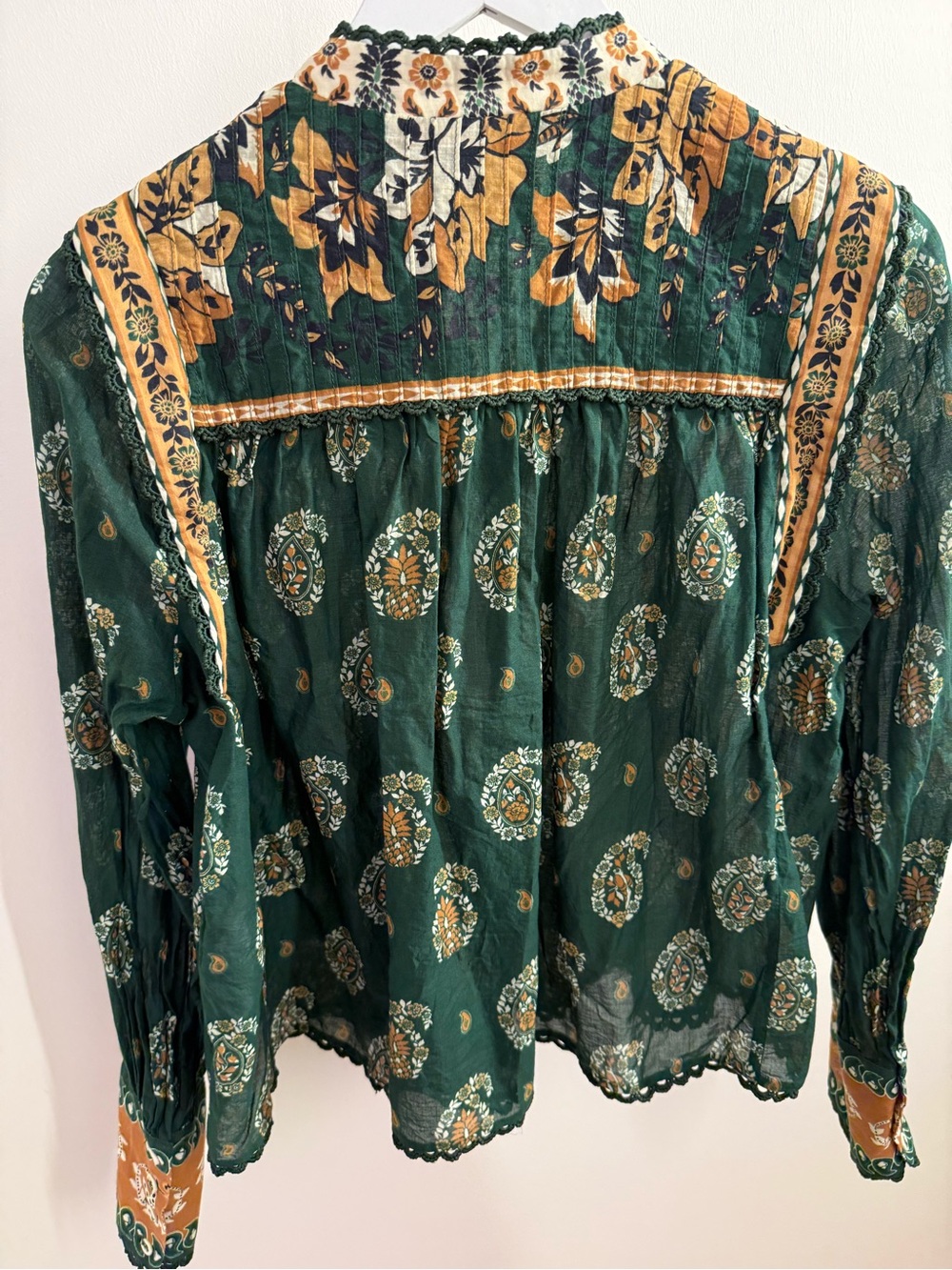 FARM Rio Forest Green Floral Button-Down Blouse with Mustard Trim - Picture 5 of 5